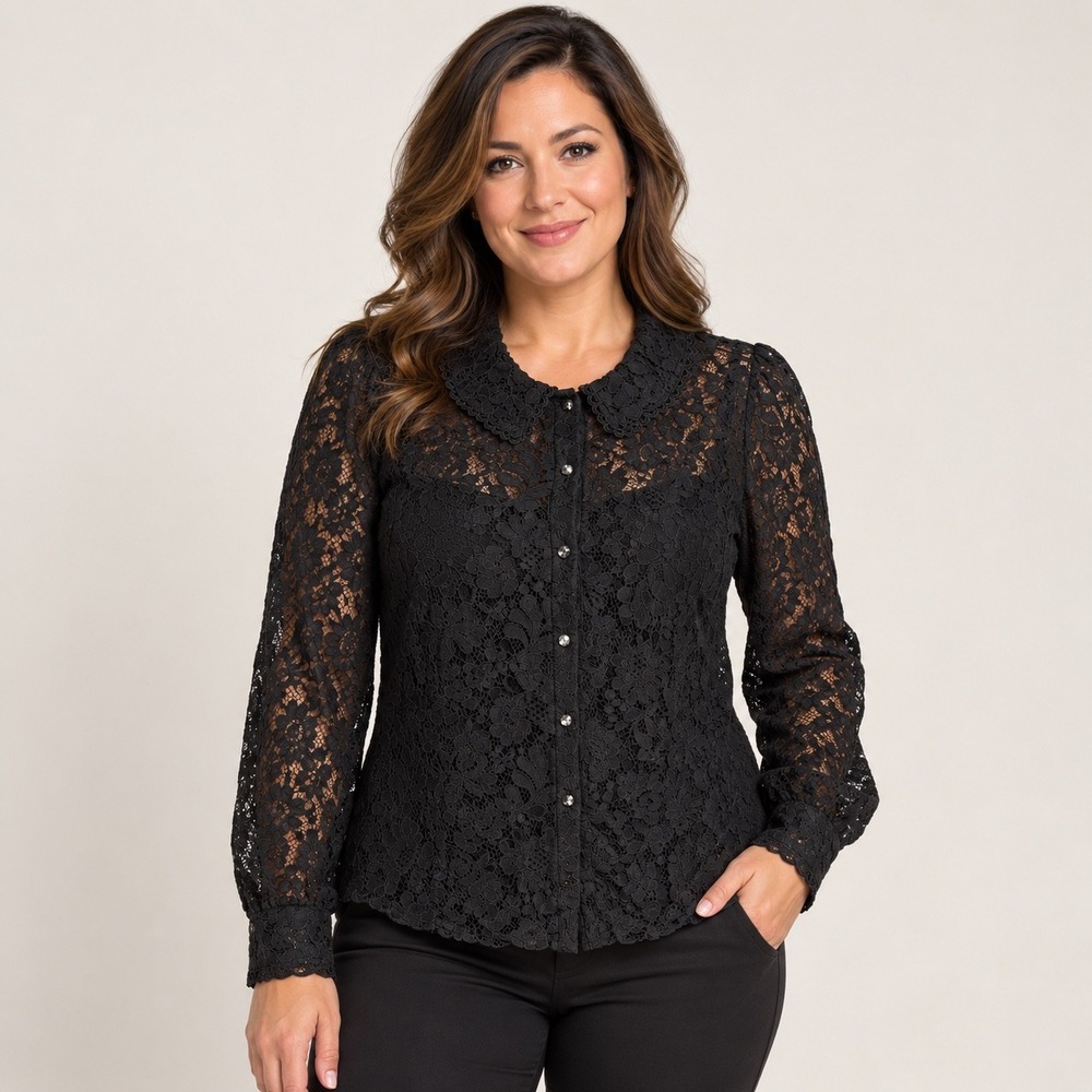Cable & Gauge Blouse Womens Small Black Floral Lace Peter Pan Collar Rhinestone